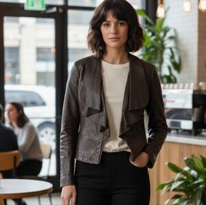 COLE HAAN Waterfall Front Lambskin Cocoa Brown Leather Jacket Size Medium NWT